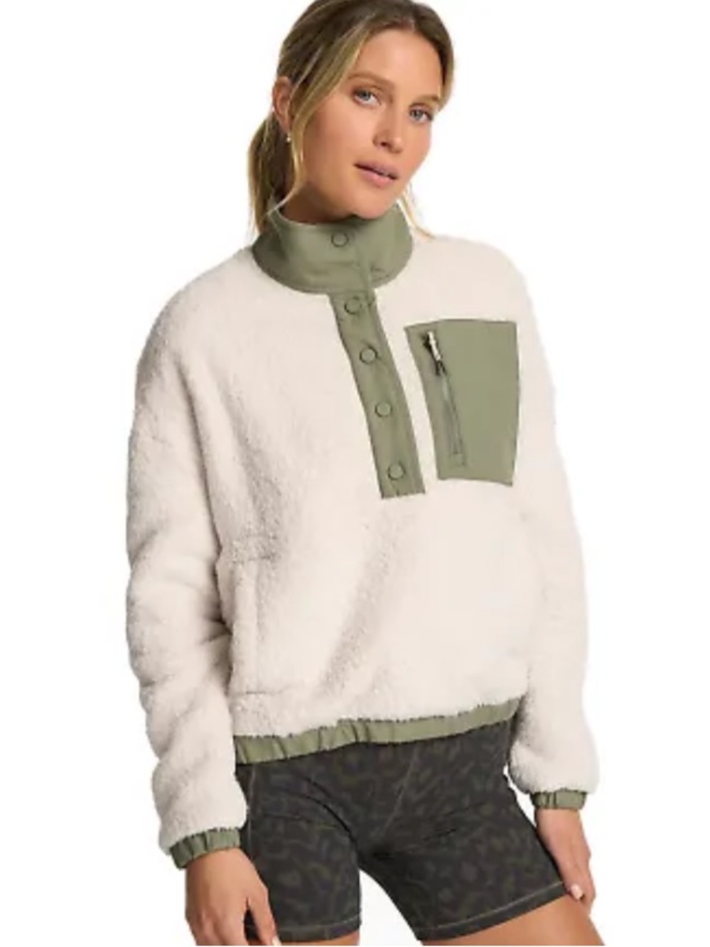 Cozy Sherpa Pullover with Olive Trim